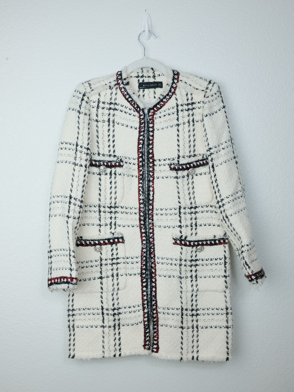 Zara Cream Boucle Coat Jacket Small Wool Blend Zip Front Tweed Texture Plaid
